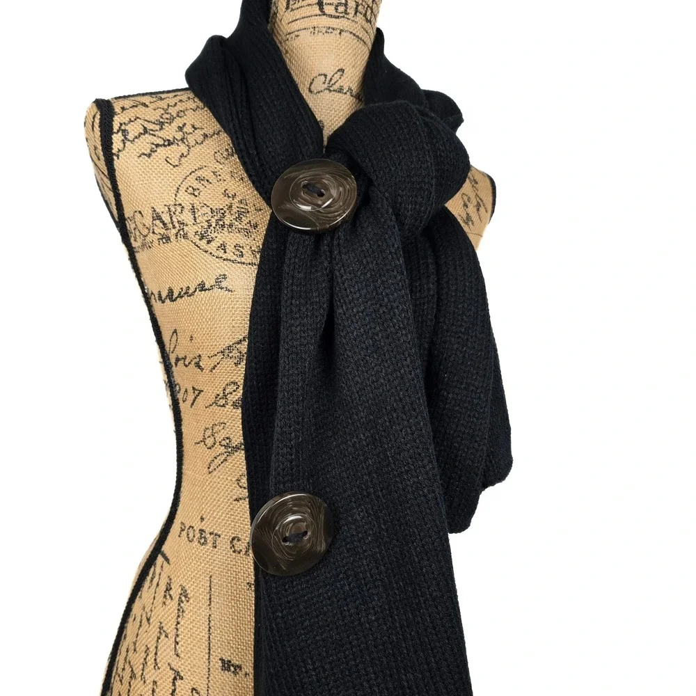 Black Chunky Knit Button Scarf Wrap Oversized Convertible Shawl Cowl